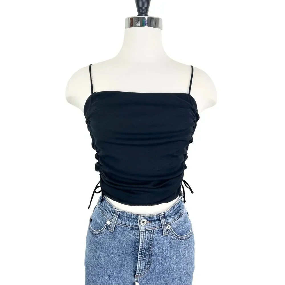 Urban Outfitters Tank Top‎ Womens Medium Mesh Ruched Tie Spaghetti Blk Going Out